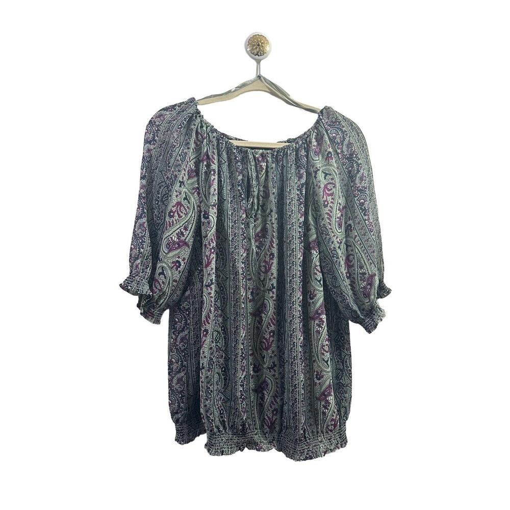 Saint Tropez West Blouse Sz 1X Blue Paisley Peasant Ruffle Elastic 3/4 Sleeves